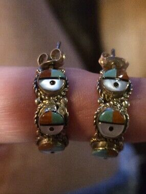 Zuni Sunface Sterling Hoop Earrings with Turquoise Coral and MOP inlay